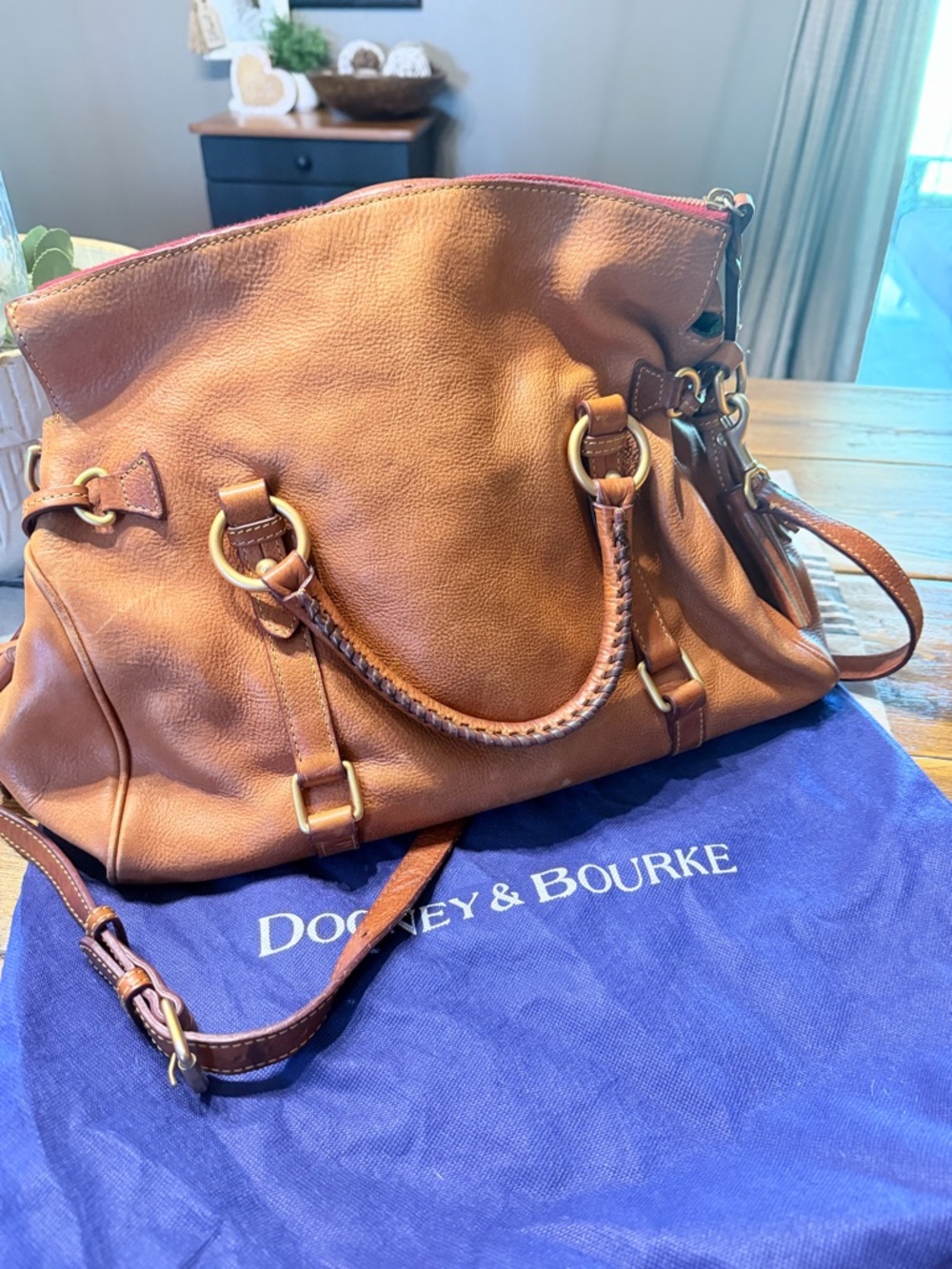 Dooney & Bourke Cognac Leather Shoulder Bag with Braided Handles LARGE - Picture 2 of 12